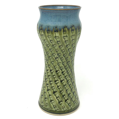 Plays in Mud Pottery 8-inch Amphora Vase with Bamboo Pattern, Green/Blue