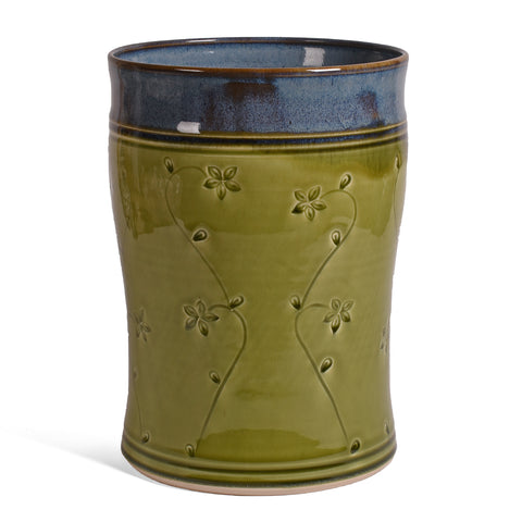 Plays in Mud Wine Chiller Utensil Crock, Handmade American Pottery, Green Floral