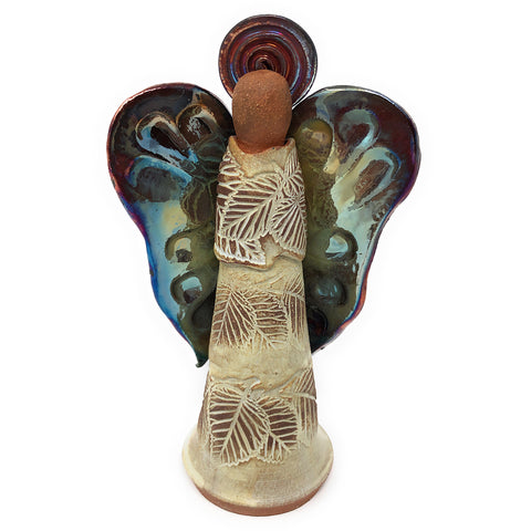 PotTerre Raku Pottery Angel Figurine, Leaf Pattern, Large