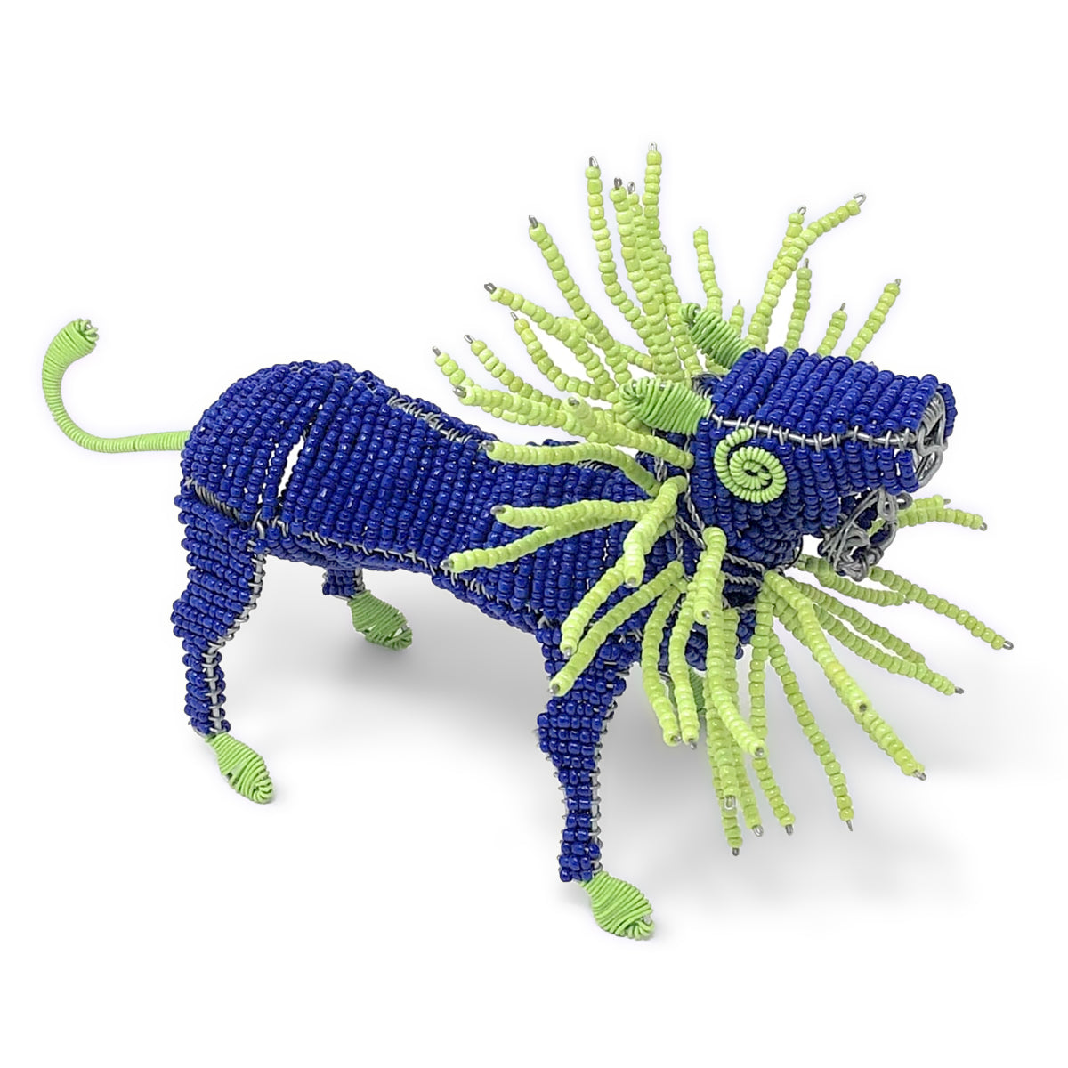 African Fair Trade 7.5-inch Beaded Lion Figurine, Blue