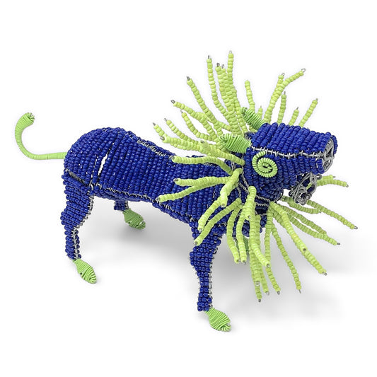 African Fair Trade 7.5-inch Beaded Lion Figurine, Blue