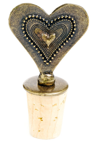 South African Fancy Heart Antique Brass and Cork Bottle Stopper