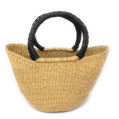 Bolga Handwoven Petite Wing Shopper Tote with Black Leather Handles