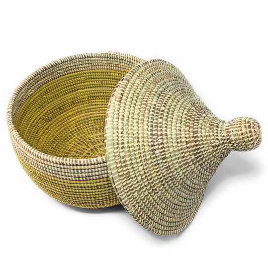 African Fair Trade Handwoven Lidded Warming Basket with Lid Off, Lemon Dipped Yellow