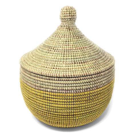African Fair Trade Handwoven Lidded Warming Basket, Lemon Dipped Yellow
