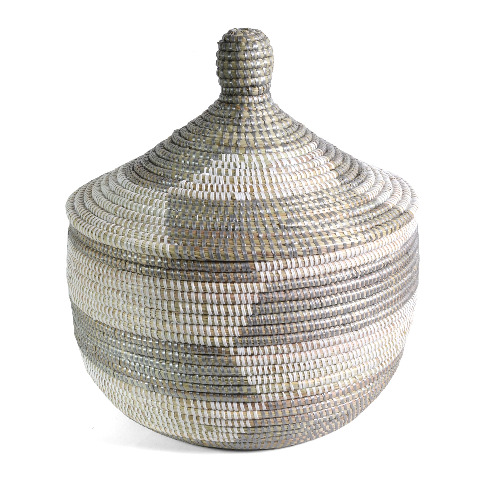 Fair Trade Hand Woven Prayer Mat Lidded Warming Basket, Silver/White - The Barrington Garage