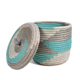 African Fair Trade Handwoven Small Lidded Basket, Silver/Aqua/White
