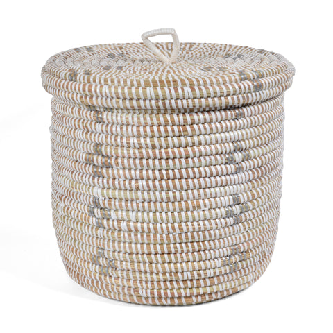 African Fair Trade Handwoven Lidded Shelf/Table Basket, White/Silver