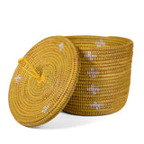 African Fair Trade Small Handwoven Lidded Basket, Yellow with White Blossoms