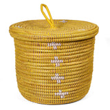 African Fair Trade Small Handwoven Lidded Basket, Yellow with White Blossoms