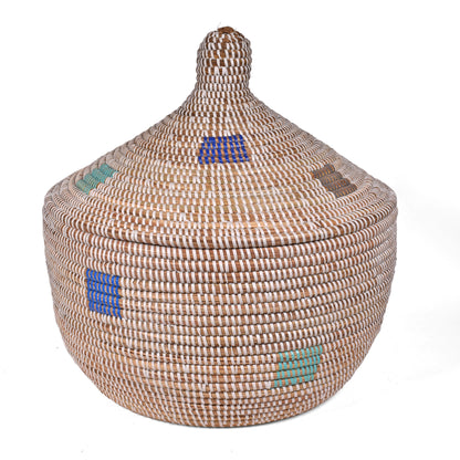 African Fair Trade Handwoven Warming Basket, White with Multicolor Squares