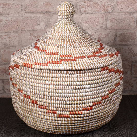 African Fair Trade Handwoven Warming Basket, White/Red