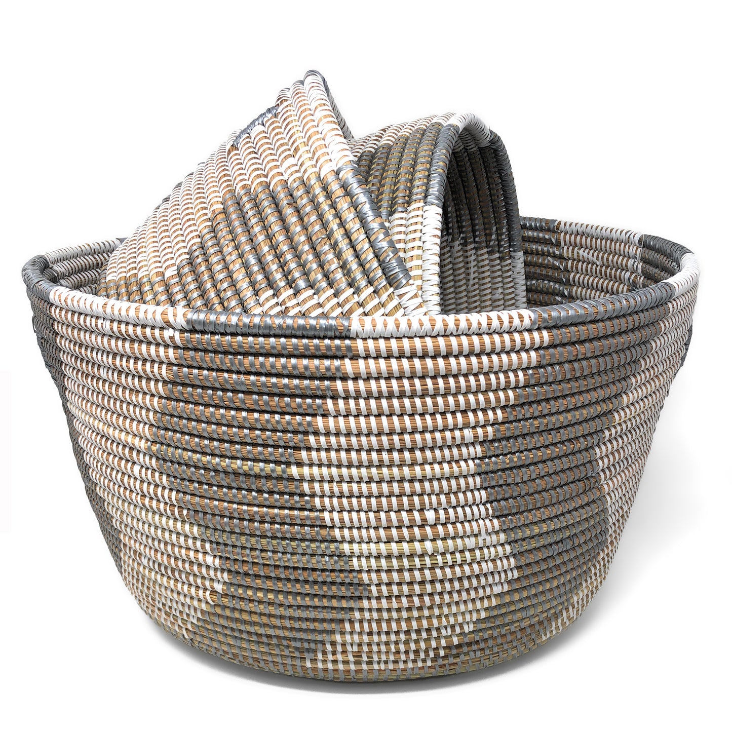 African Fair Trade Handwoven Zigzag Oval Nesting Baskets, Silver/White, Set of 3