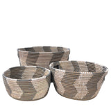 African Fair Trade Handwoven Zigzag Oval Nesting Baskets, Silver/White, Set of 3