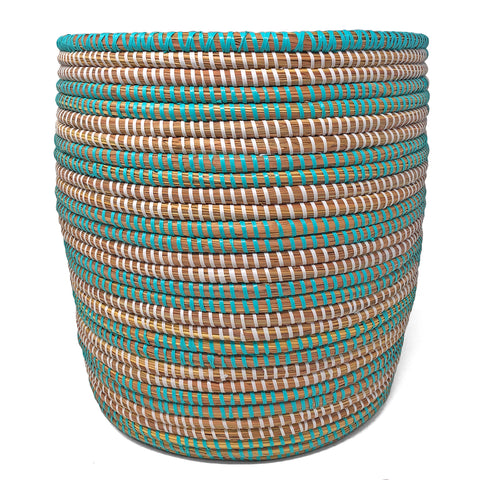 African Fair Trade 13-inch Handwoven Open Hamper Basket, Aqua/White