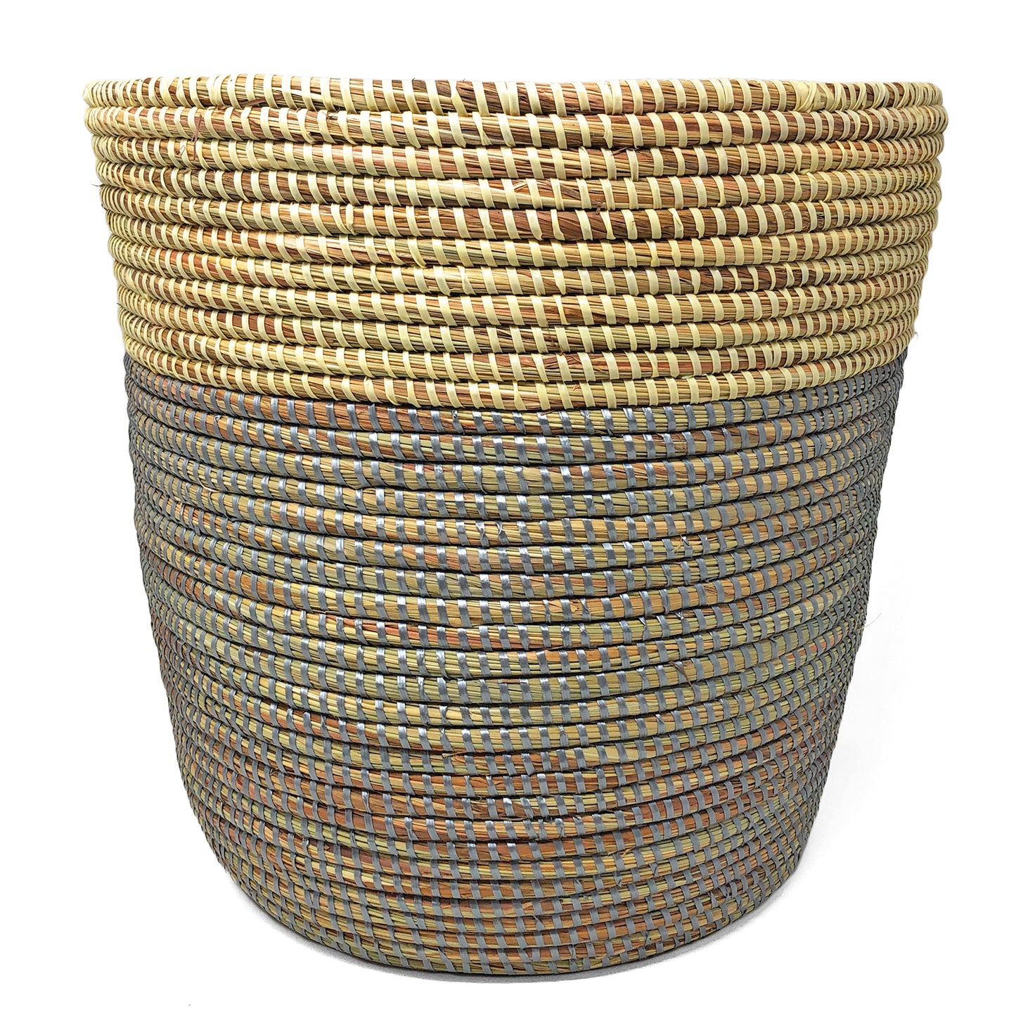 African Fair Trade 13-inch Handwoven Open Hamper Basket, Silver/Cream
