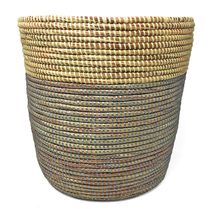 African Fair Trade 13-inch Handwoven Open Hamper Basket, Silver/Cream