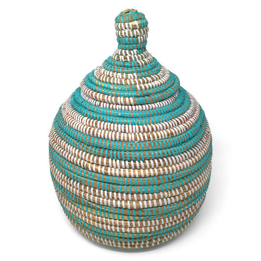 African Fair Trade Handwoven Gourd Basket, Aqua/White