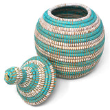 African Fair Trade Handwoven Gourd Basket, Aqua/White
