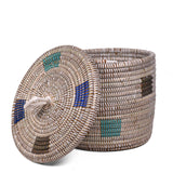 Fair Trade Handwoven Prismatic Pixels Lidded Basket from Senegal, White, Shades of Blue, and Silver
