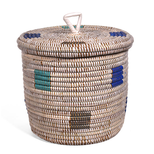 Fair Trade Handwoven Prismatic Pixels Lidded Basket from Senegal, White, Shades of Blue, and Silver