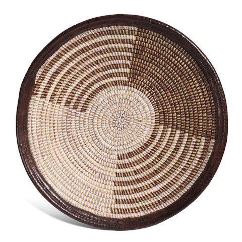 African Fair Trade Handwoven 16-inch Zephyr Design Bowl Basket with Leather Trim, Brown/White