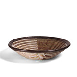 African Fair Trade Handwoven 16-inch Zephyr Design Bowl Basket with Leather Trim, Brown/White