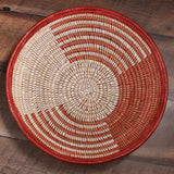 African Fair Trade Handwoven 16-inch Zephyr Design Bowl Basket with Leather Trim, Red/White