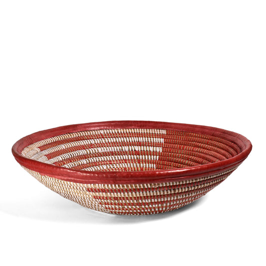 African Fair Trade Handwoven 16-inch Zephyr Design Bowl Basket with Leather Trim, Red/White