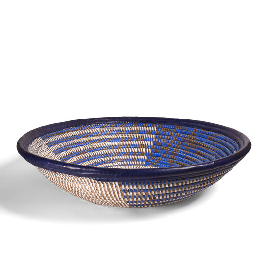 African Fair Trade Handwoven 16-inch Zephyr Design Bowl Basket with Leather Trim, Blue/White