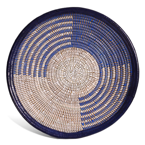 African Fair Trade Handwoven 16-inch Zephyr Design Bowl Basket with Leather Trim, Blue/White