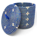 African Fair Trade Handwoven 10-inch Lidded Basket, Blue with White Blossoms