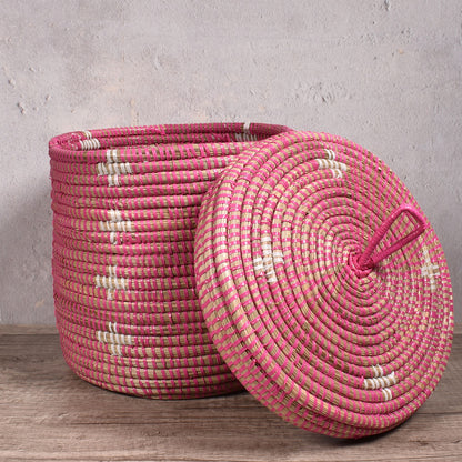 African Fair Trade Handwoven 9-inch Lidded Basket, Pink with White Blossoms