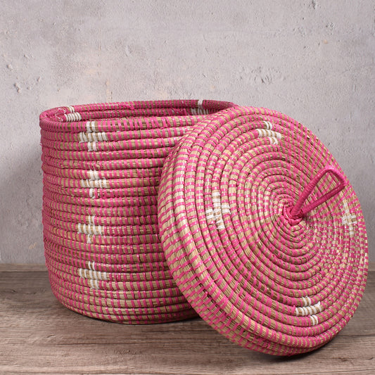 African Fair Trade Handwoven 9-inch Lidded Basket, Pink with White Blossoms