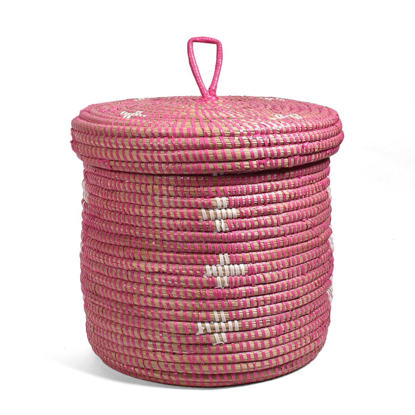 African Fair Trade Handwoven 9-inch Lidded Basket, Pink with White Blossoms