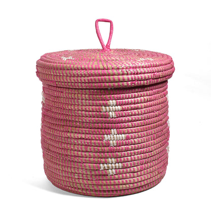 African Fair Trade Handwoven 9-inch Lidded Basket, Pink with White Blossoms
