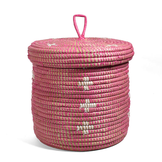 African Fair Trade Handwoven 9-inch Lidded Basket, Pink with White Blossoms