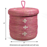 African Fair Trade Handwoven 9-inch Lidded Basket, Pink with White Blossoms