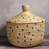 African Fair Trade Handwoven Warming Basket, Cream with Black Dots