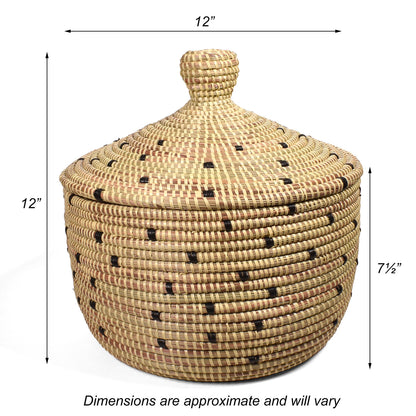 African Fair Trade Handwoven Warming Basket, Cream with Black Dots