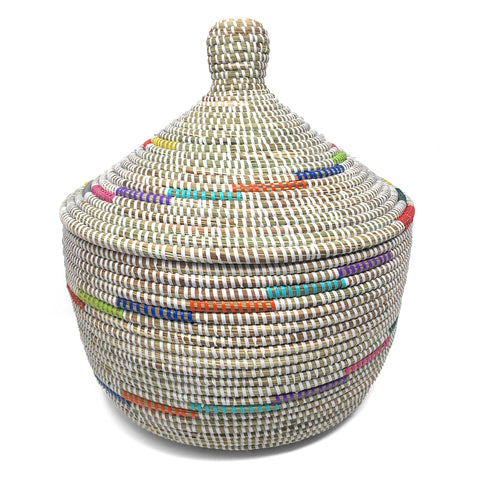 African Fair Trade Handwoven Warming Basket, White with Rainbow Spiral
