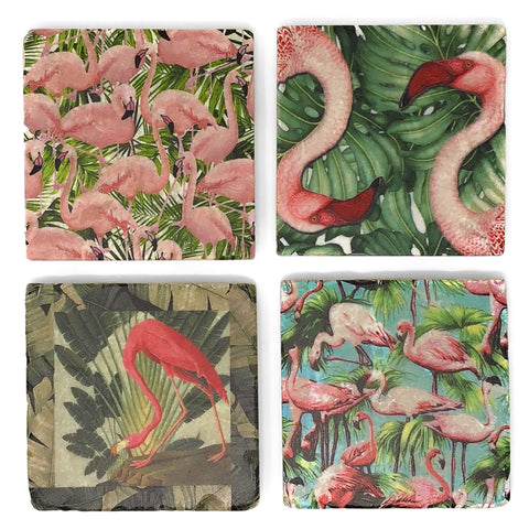 Flamingo and Frond Tumbled Marble Coasters, Set of 4