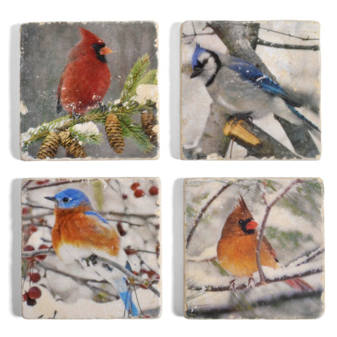Winter Birds Tumbled Marble Coasters, Set of 4
