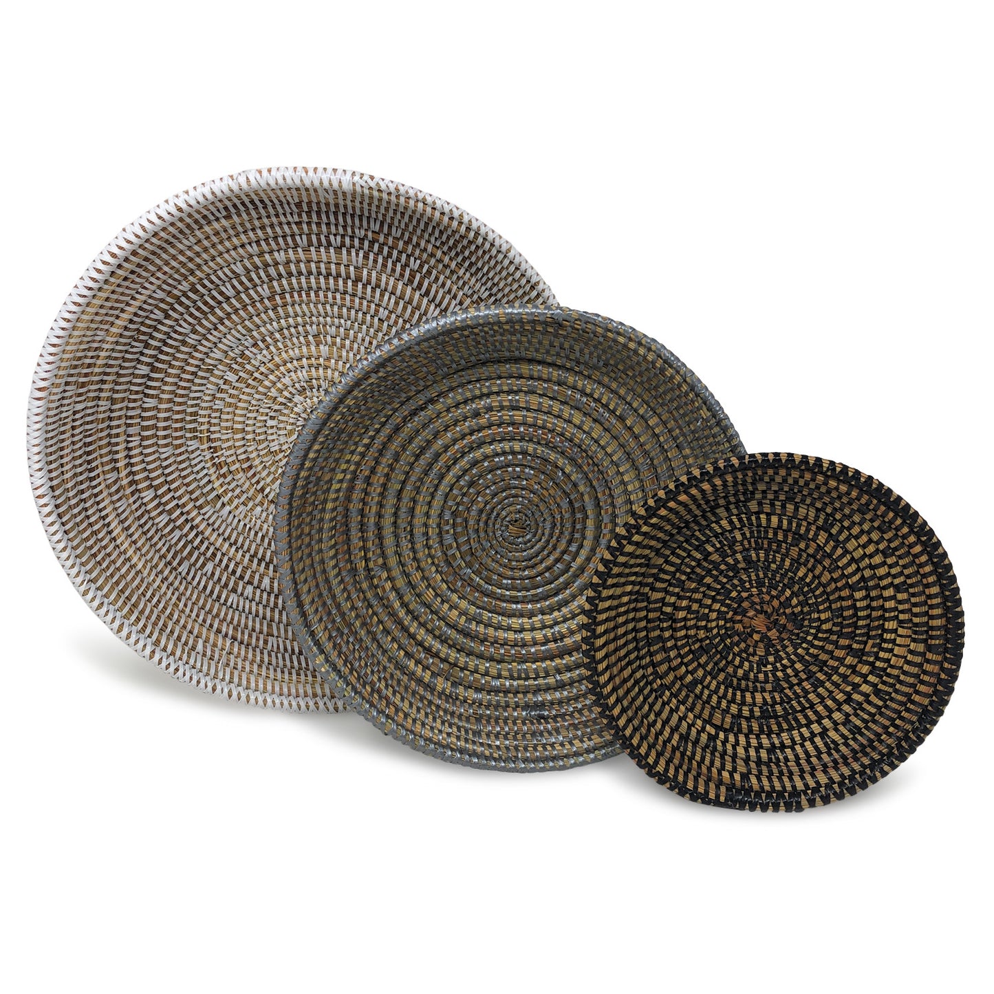 African Fair Trade Shallow Round Nesting Baskets, Set of 3, White/Gray/Black