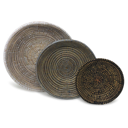 African Fair Trade Shallow Round Nesting Baskets, Set of 3, White/Gray/Black