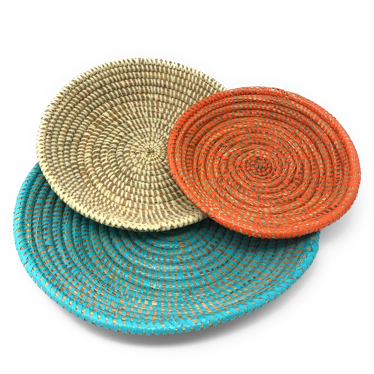 African Fair Trade Shallow Round Nesting Baskets, Set of 3, Turquoise/Ivory/Orange