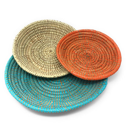 African Fair Trade Shallow Round Nesting Baskets, Set of 3, Turquoise/Ivory/Orange