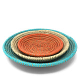African Fair Trade Shallow Round Nesting Baskets, Set of 3, Turquoise/Ivory/Orange