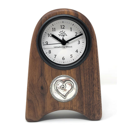 Shaker Style Walnut Wood Desk Clock with Pewter Heart Medallion - The Barrington Garage