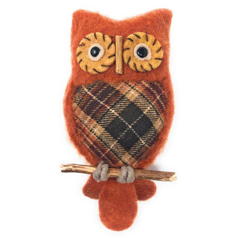 Sage & Co. 10.5-inch Plaid Owl on Perch Ornament, Orange/Multi